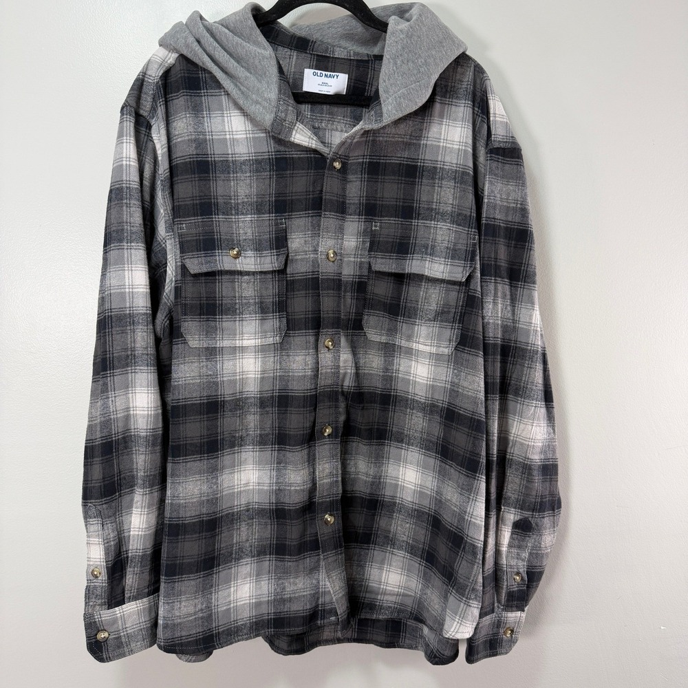 Old Navy Women XXXL Black Grey Grunge Plaid Hooded Flannel Shacket